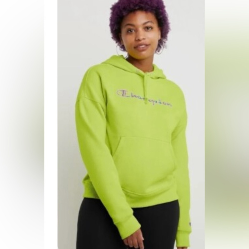 Champion Neon Green Pullover with Multicolor Logo Hoodie